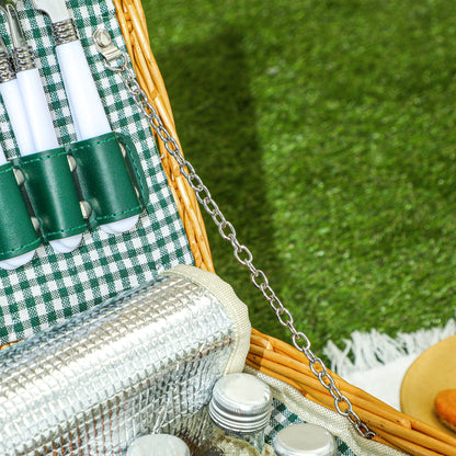 Outsunny Wicker Picnic Basket for 2 Person with Cooler Compartment, Picnic Hamper with Cutlery Service Kits and Carry Handle for Camping, Outdoor, Valentine Day, Chirtmas, Birthday, Light Brown