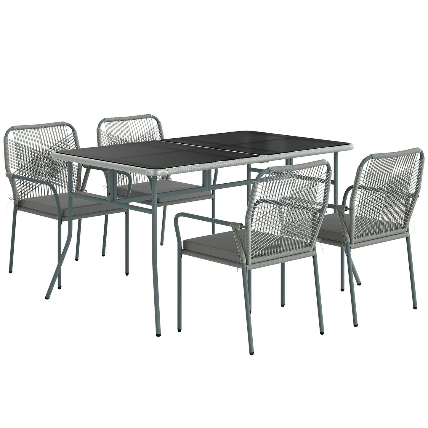 Outsunny Five-Piece PE Rattan Garden Dining Set with Cushions & Stackable Chairs - Light Grey