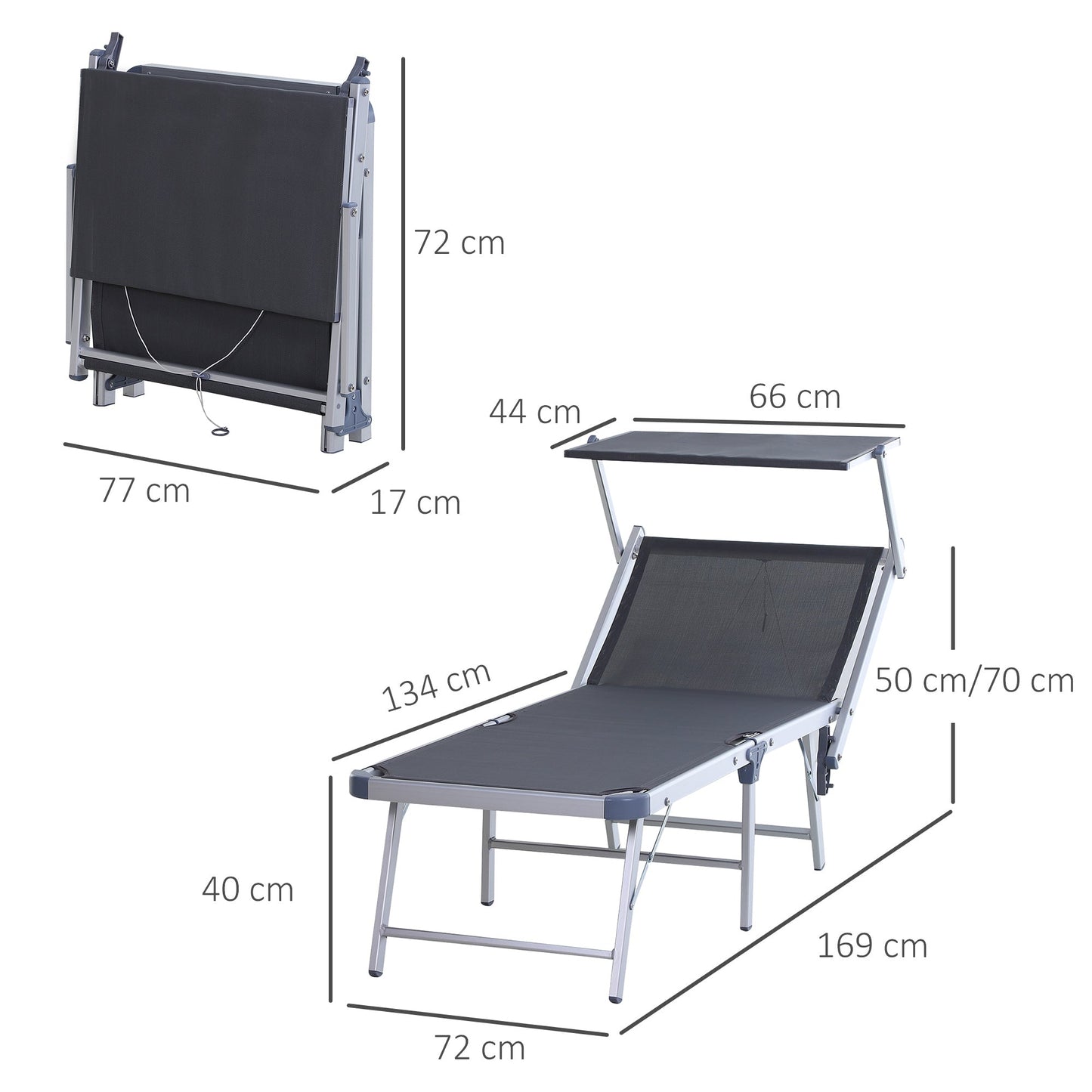 Outsunny Garden Sun Lounger Texteline Chaise Lounge Reclining Chair with Canopy Adjustable Backrest Bed Aluminium Frame - Grey