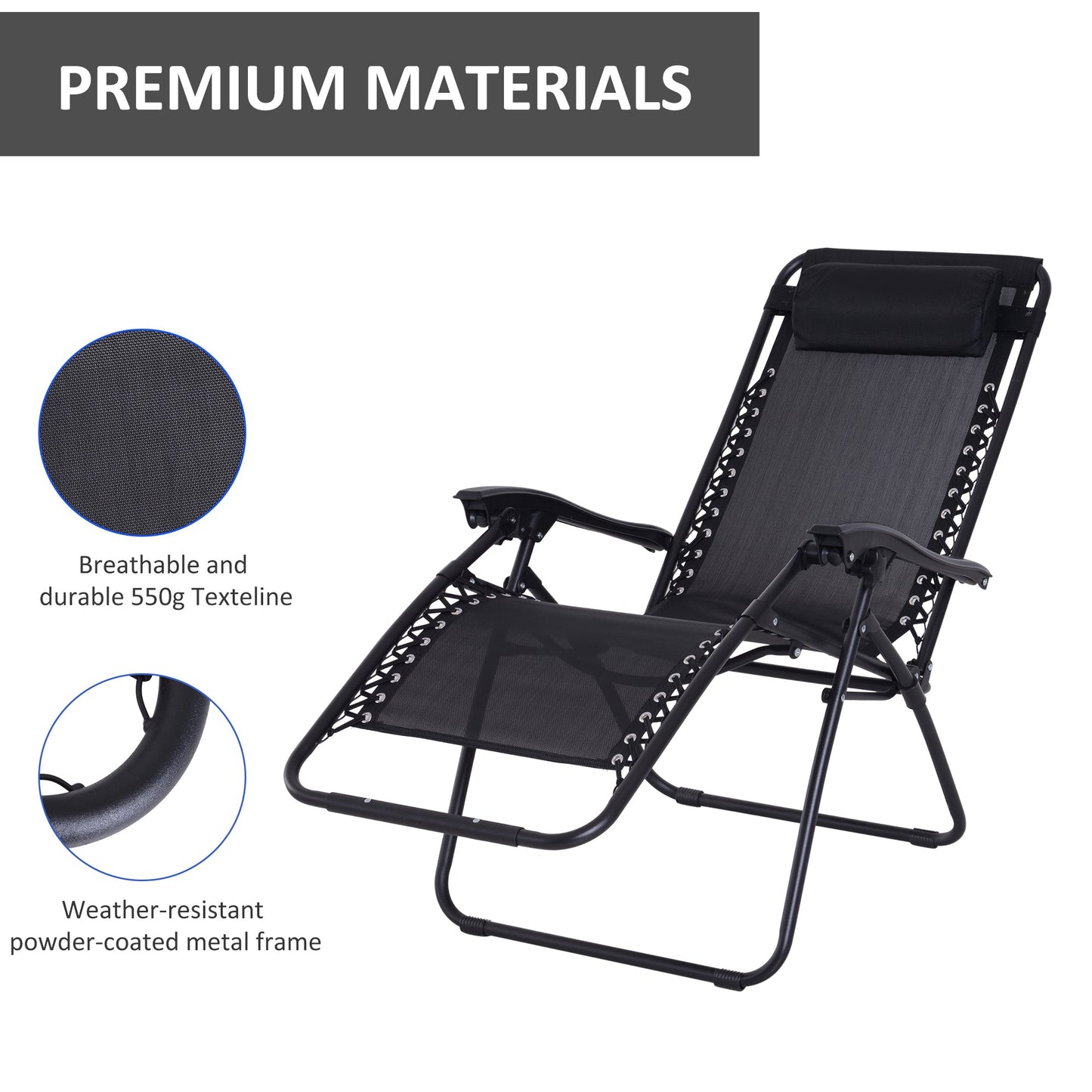 Outsunny Zero Gravity Chair Metal Frame Texteline Armchair Outdoor Folding and Reclining Sun Lounger with Head Pillow for Patio Decking Gardens Camping, Black