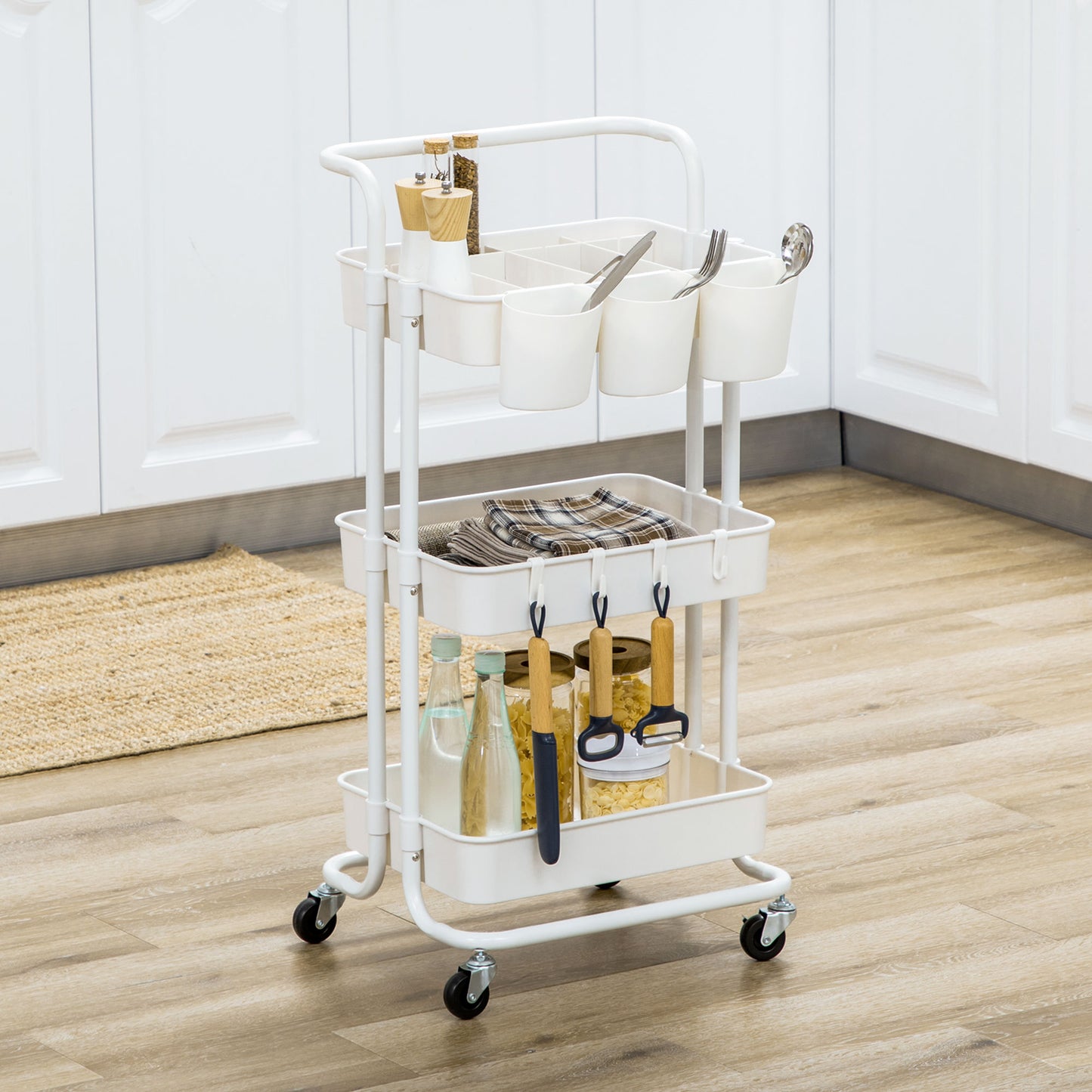 Wózek domowy HOMCOM Three-Tier Home Trolley z uchwytem i kółkami - biały