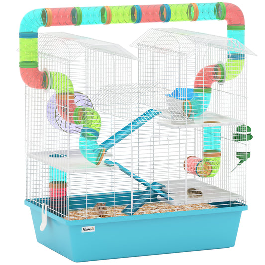 PawHut 4 Tier Hamster Cage w/ Tubes, Exercise Wheel, Hut, Water Bottle, Food Dish, Ramps, for Dwarf Hamster, Light Blue