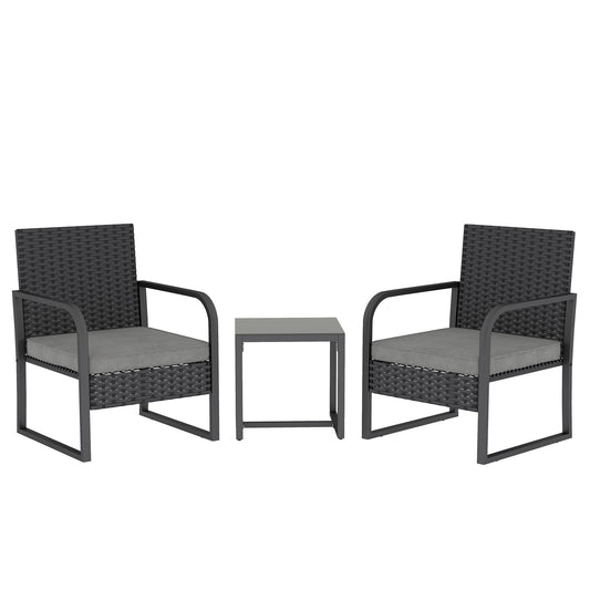 Outsunny Rattan Bistro Set, 3 Piece Garden Furniture Set with Cushions and Glass Top Table, Black