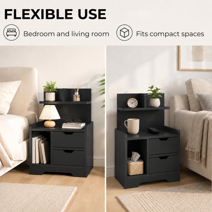 HOMCOM Bedside Table, Small Bedside Cabinet with 2 Drawers and Storage Shelves for Bedroom, Black Wood Effect
