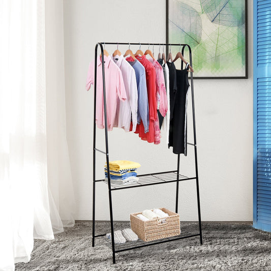HOMCOM Metalowy wieszak na ubrania, wieszak na ubrania, organizer do przedpokoju, drążek na wieszaki, 2-poziomowa półka na buty w kształcie litery A, 77L x 45W x 153H cm, czarny