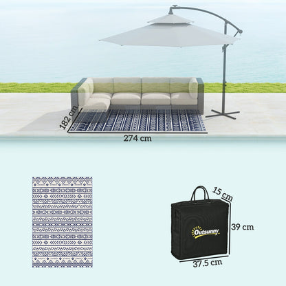 Outsunny Reversible Outdoor Rug with Carry Bag, Waterproof Plastic Straw Mat for Garden, Deck, RV, Picnic, Beach, Camping, 182 x 274cm, Dark Blue and White