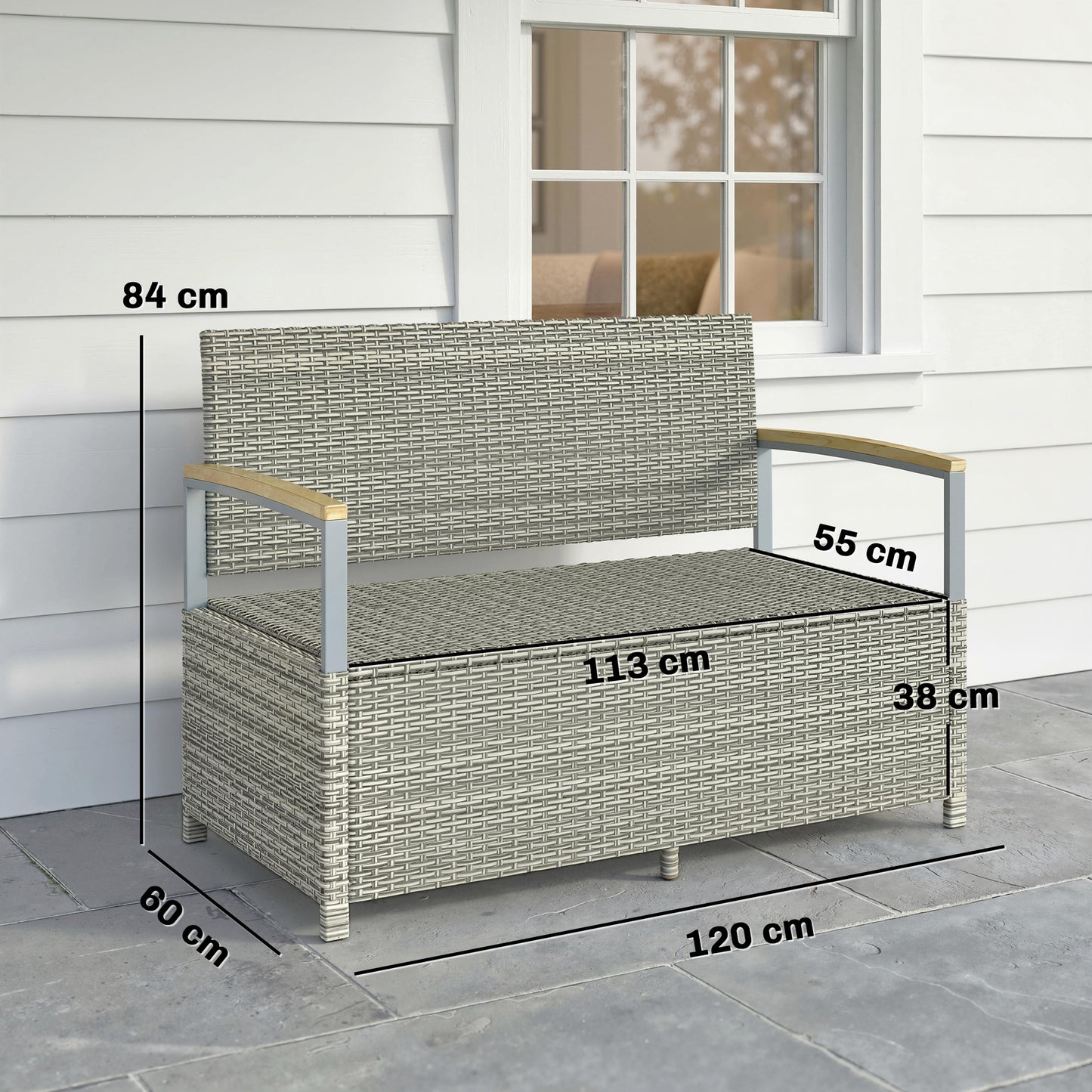 Outsunny 144 L Garden Storage Bench with Zipped Liner, 2 Seater Rattan Garden Bench with Storage, Gas Strut, Cushion, Light Grey