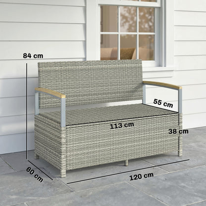 Outsunny 144 L Garden Storage Bench with Zipped Liner, 2 Seater Rattan Garden Bench with Storage, Gas Strut, Cushion, Light Grey