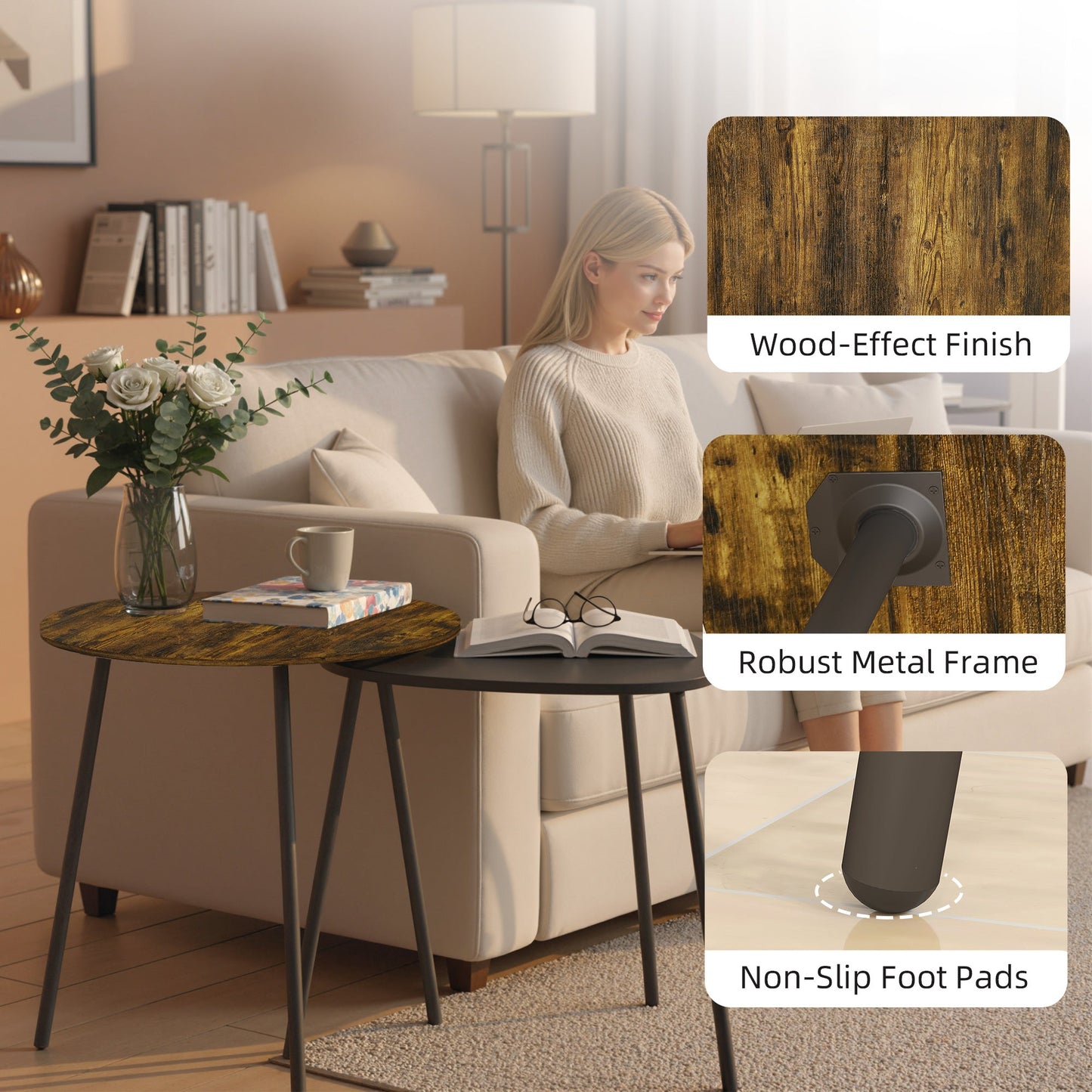 HOMCOM Nesting Side Table Set of 2 - Rustic Brown