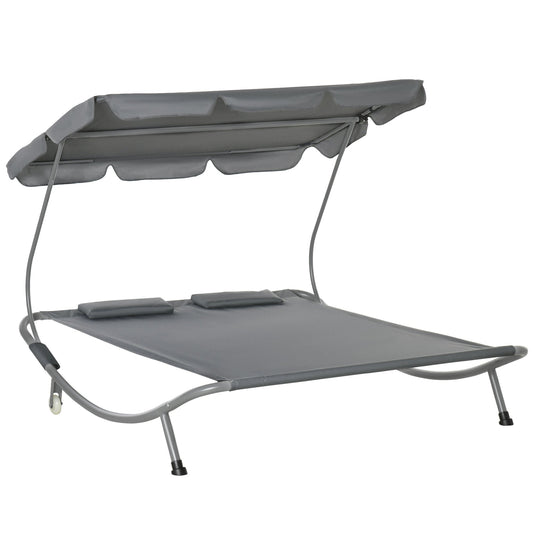Outsunny Double Sun Lounger with Adjustable Detachable Canopy, Portable Garden Daybed for 2 with Wheels, Outdoor Sunbed Hammock with 2 Pillows, 220 KG Max. Load, Grey