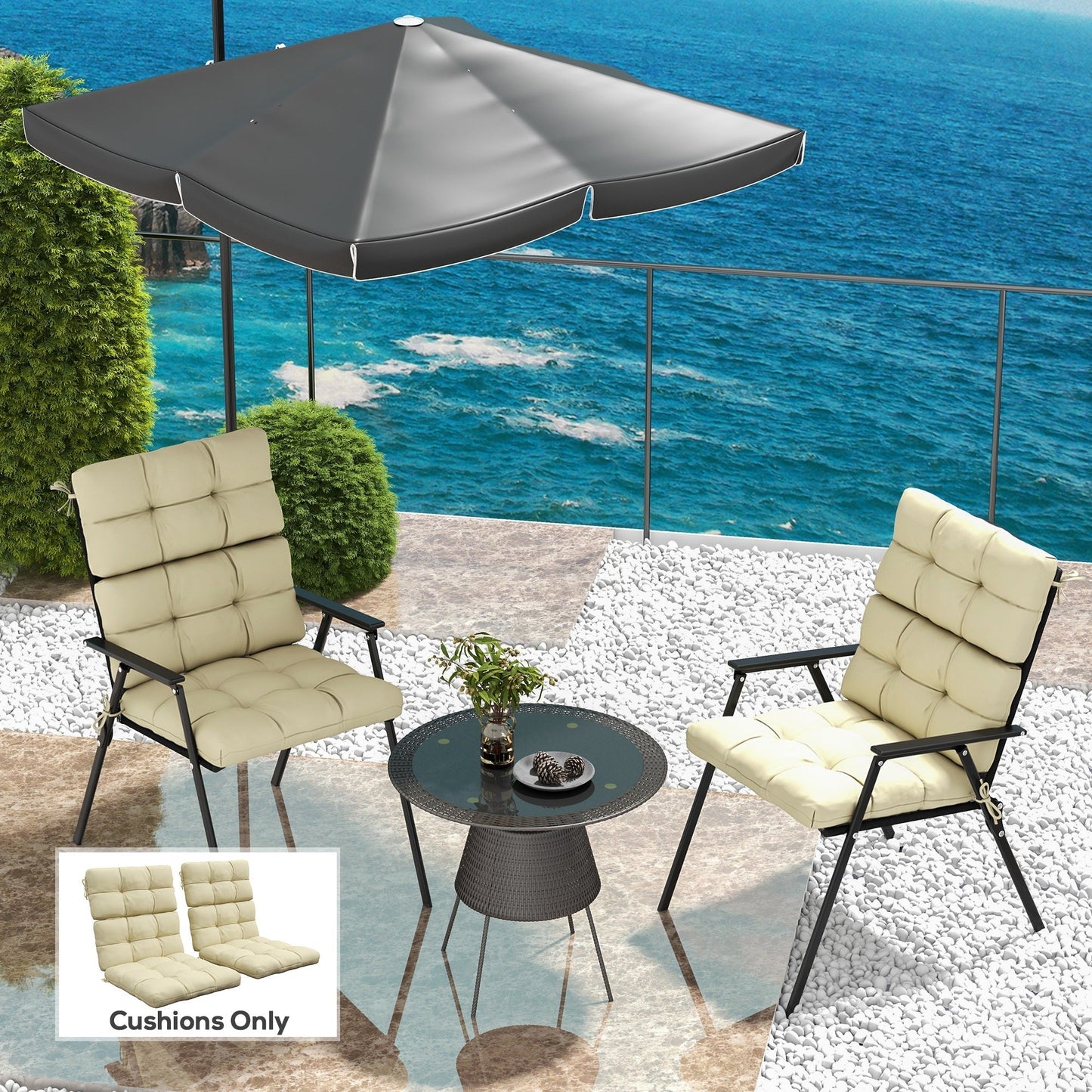 Outsunny 2-Piece Seat Cushion Replacement with Backrest, Garden Patio Chair Cushions Set with Ties, Beige