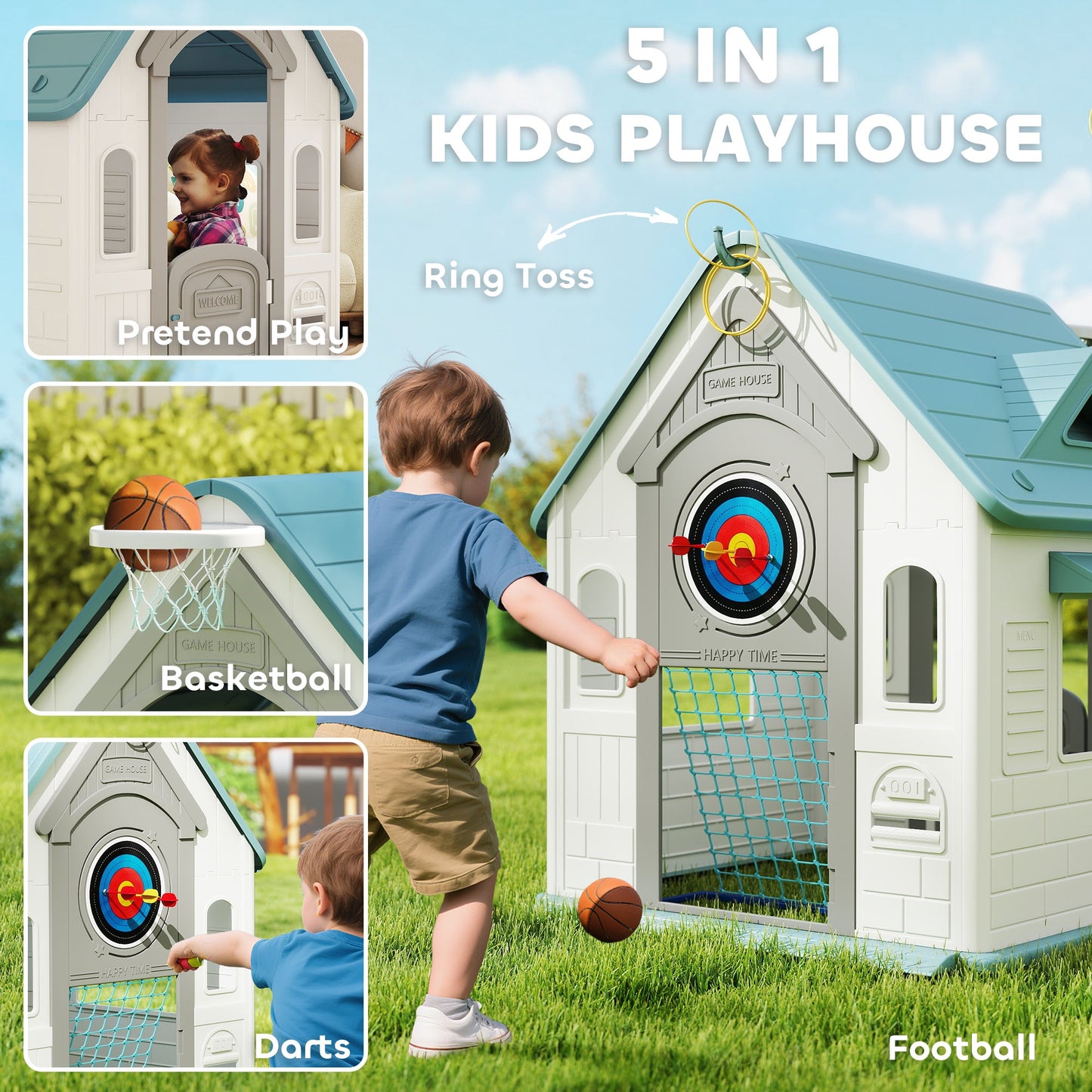 AIYAPLAY 5-in-1 Playhouse for Kids Outdoor Indoor with Basketball Hoop, Football Goal, Dartboard, Ring Toss for 2-5 Years, Beige