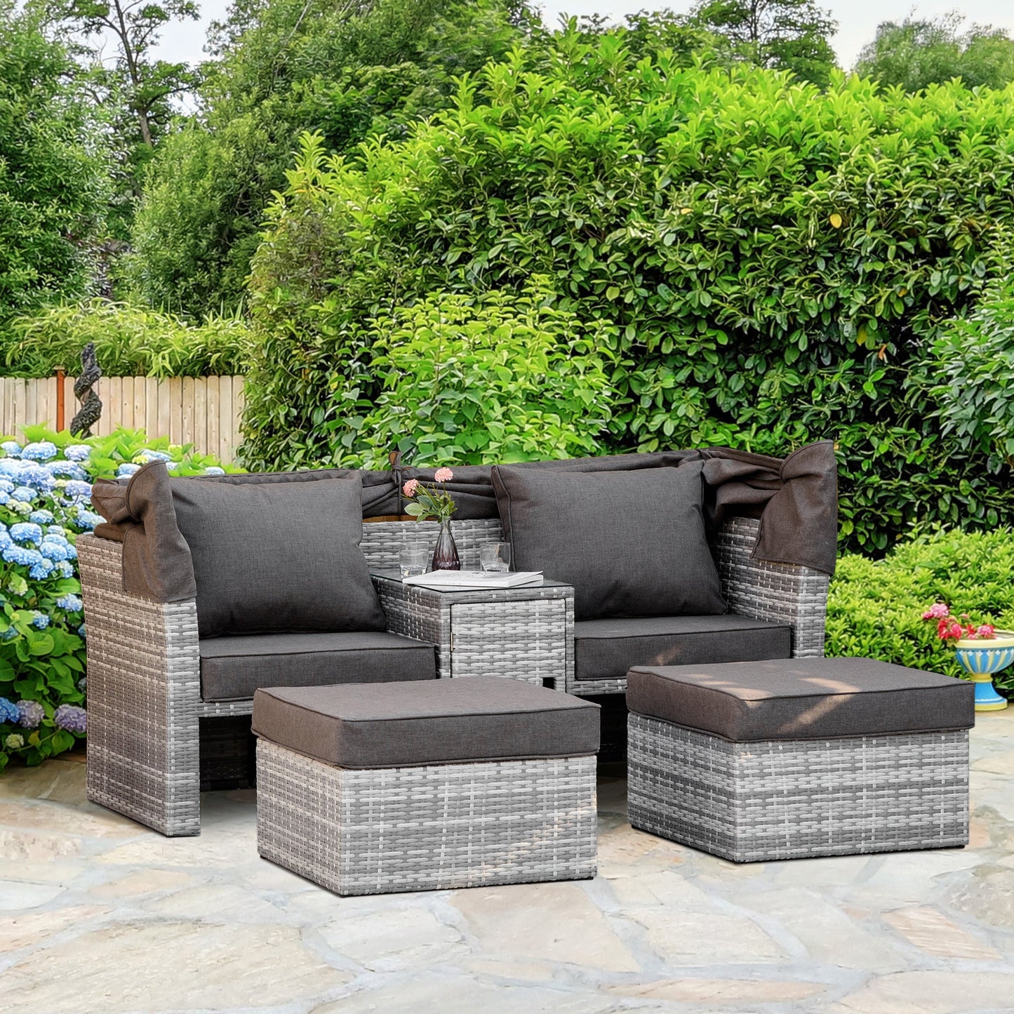 Outsunny 2-Seater Outdoor Rattan Daybed Sofa Footstool Coffee Table Set w/ Canopy, Cushion