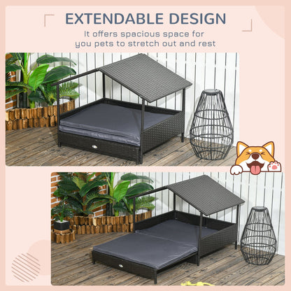 PawHut Extendable Elevated Dog Bed, Rattan Dog House w/ Water-Resistant Roof, Removable Cushion, for Small, Medium Dogs - Grey