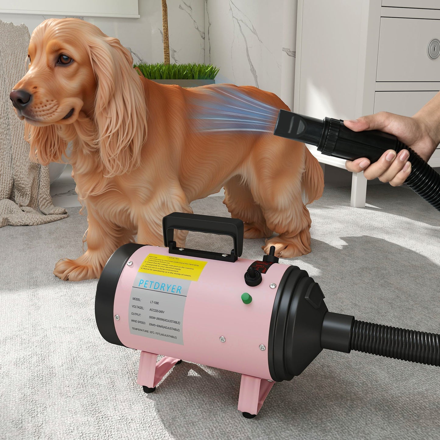 PawHut 2200W Dog Hair Dryer with Adjustable Temperature & Velocity, 3 Different Nozzles, Pink