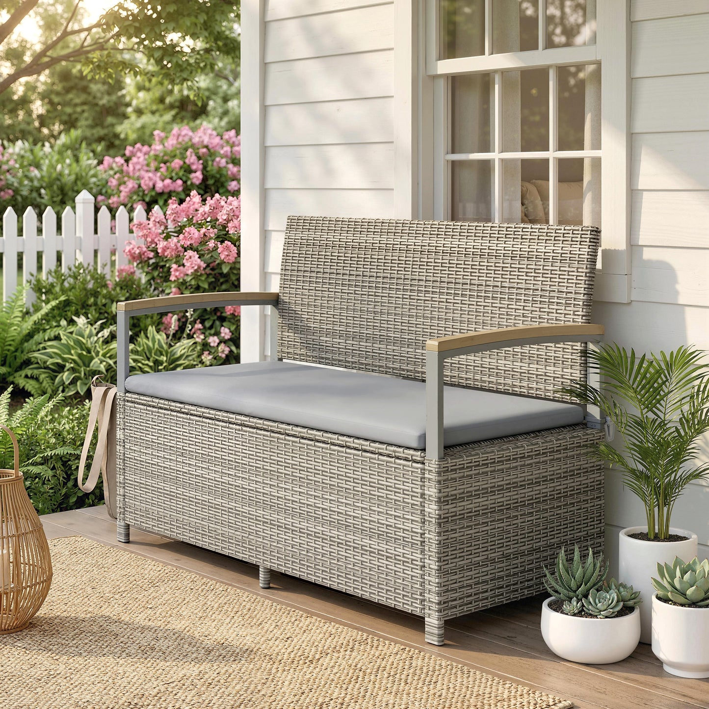Outsunny 144 L Garden Storage Bench with Zipped Liner, 2 Seater Rattan Garden Bench with Storage, Gas Strut, Cushion, Light Grey