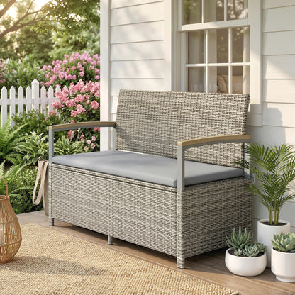 Outsunny 144 L Garden Storage Bench with Zipped Liner, 2 Seater Rattan Garden Bench with Storage, Gas Strut, Cushion, Light Grey