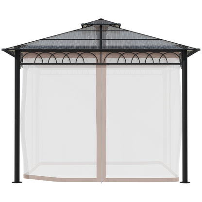 Outsunny 3 x 3 (m) Outdoor Polycarbonate Gazebo, Double√Ç Roof Hard Top Gazebo with√Ç Galvanised Steel Frame, Nettings√Ç &√Ç Curtains for Garden, Lawn, Patio and Deck, Khaki