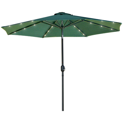 Outsunny 2.7m Garden Parasol, Patio LED Umbrella with Push Button Tilt/Crank 8 Rib Sun Shade for Outdoor Table Market Umbrella Green