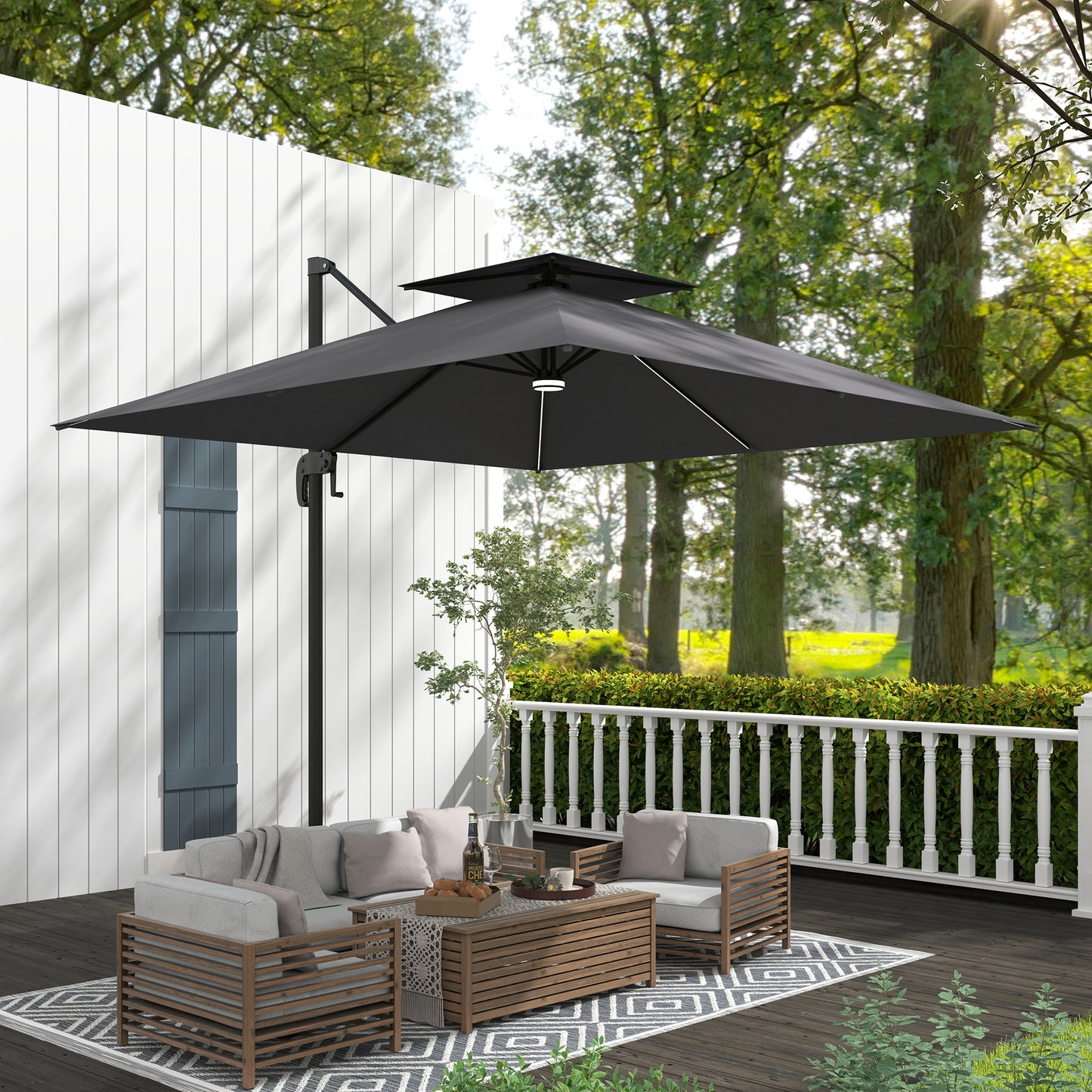 Outsunny 2,5 m parasol wspornikowy z lampami LED zasilanymi energią słoneczną, obrót 360√Ç¬∞, regulacja nachylenia, korba, ciemnoszary