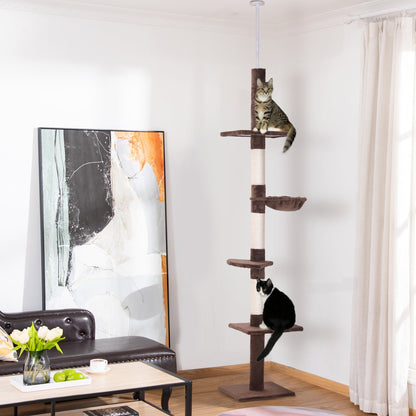 PawHut Floor to Ceiling Cat Tree for Indoor Cats 5-Tier Kitty Tower Climbing Activity Center Scratching Post Adjustable Height 230-260 cm Brown