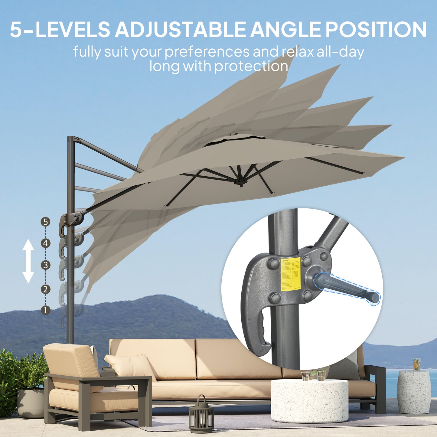 Outsunny 3 m Pięciokątny Parasol Wysięgnikowy - Jasnoszary