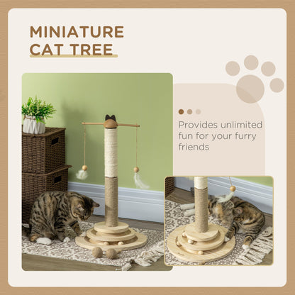 PawHut 56cm Cat Tree, Kitty Activity Center with Turntable Interactive Ball Toy, Cat Tower with Jute & Sisal Scratching Post, Natural