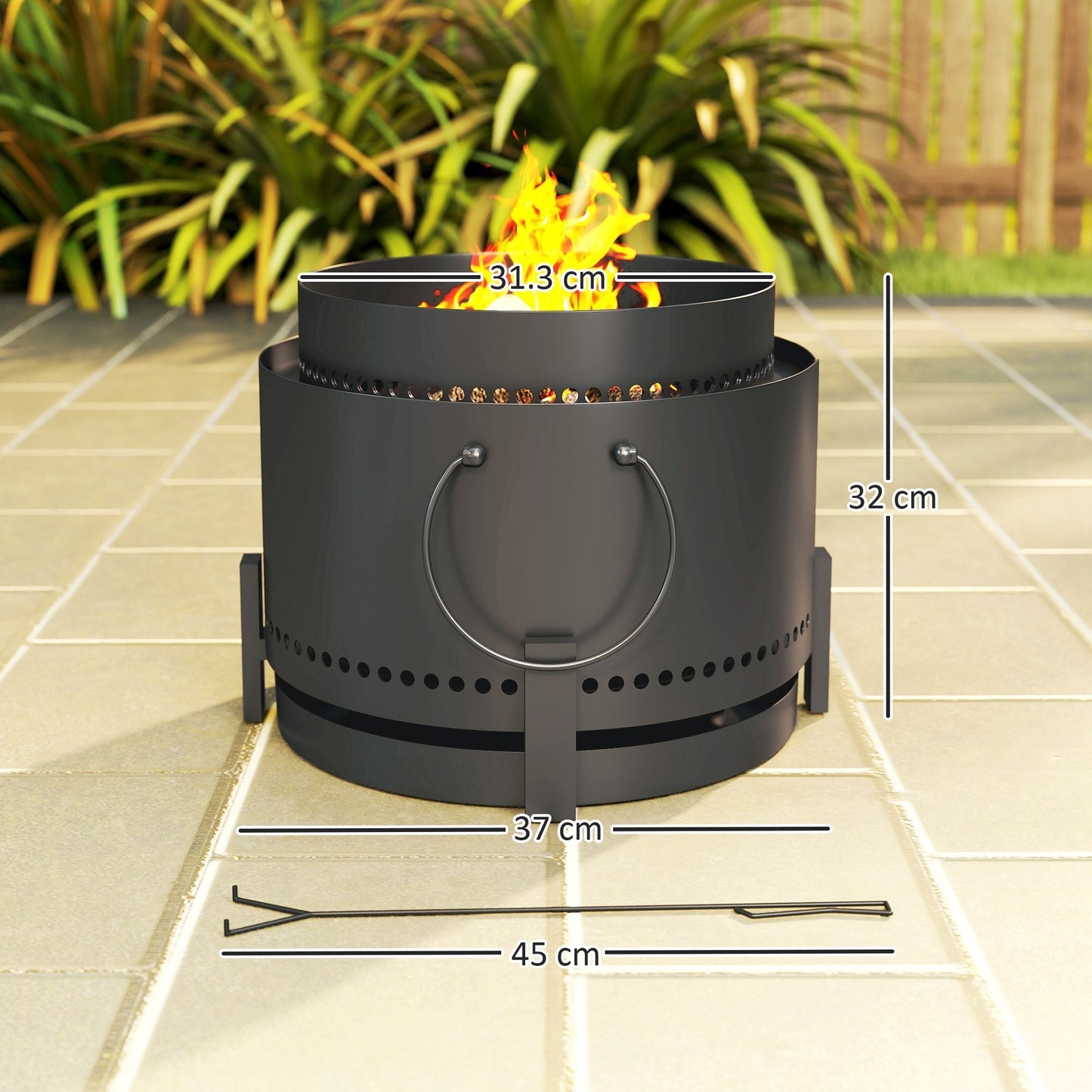 Outsunny Smokeless Fire Pit with Ash Catcher, 37cm Portable Wood Burning Firepit with Poker for Garden Camping Bonfire Party, Metal, Dark Grey