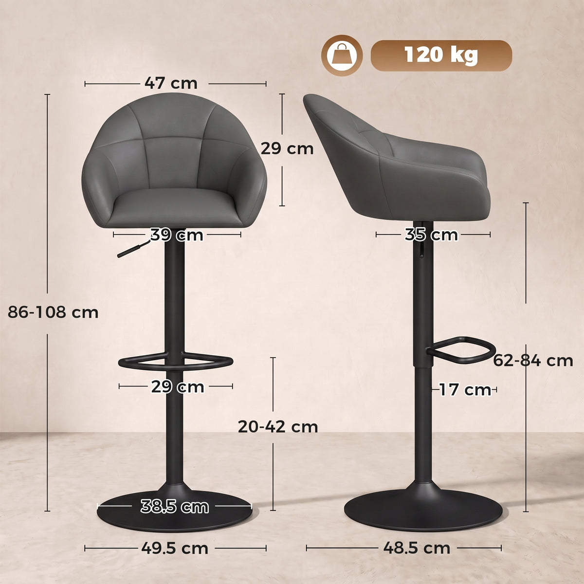 HOMCOM Bar Stools Adjustable Heights Breakfast Bar Stools Backrest Armrests Set of 2 with Rubber Ring Metal Base, Grey