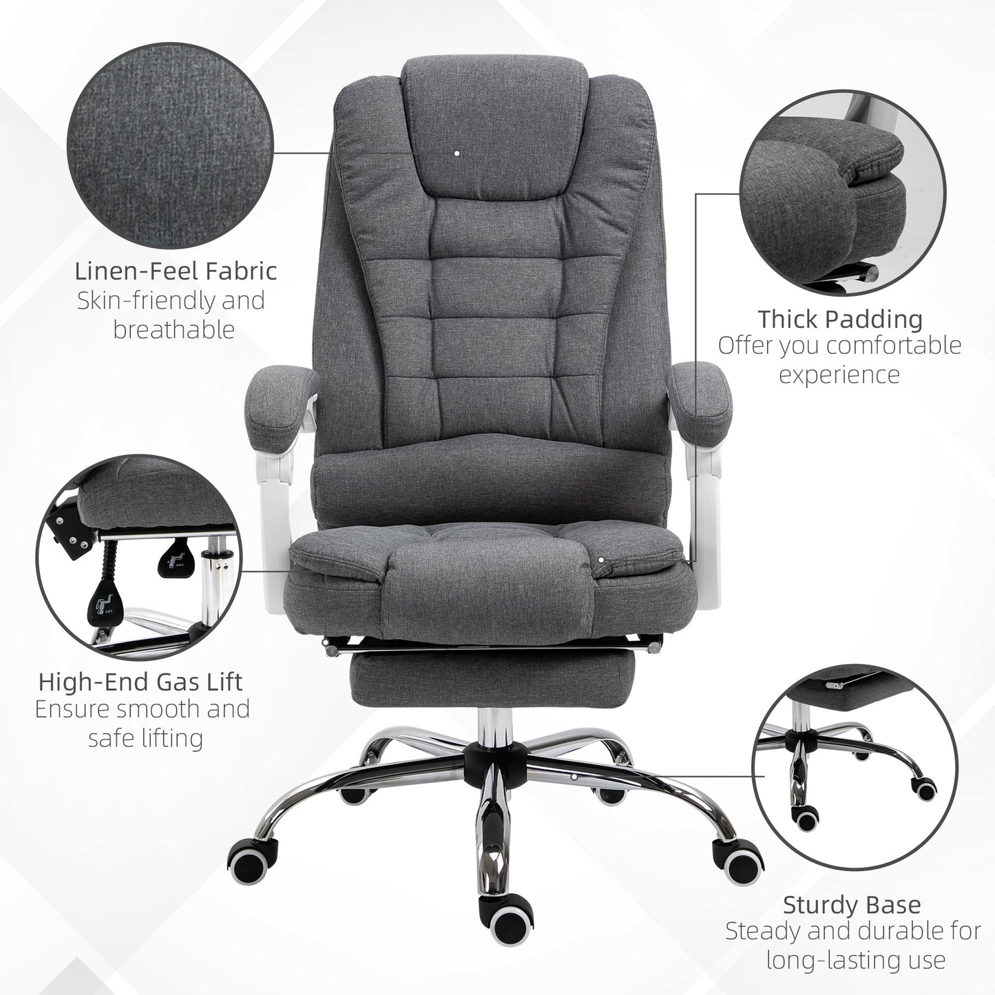 Vinsetto Office Chair, Computer Desk Chair, Linen Fabric Swivel Rolling Task Chair with Large Soft Padded Cushion, 135¡ Reclining Backrest and Retractable Footrest, Grey