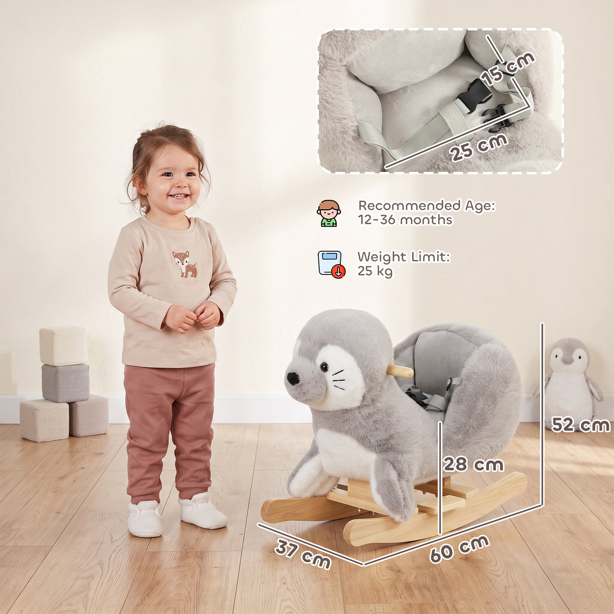 AIYAPLAY Baby Rocking Horse, Seal Rocking Animal with Sounds and Belt for Toddlers 12-36 Months,