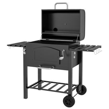 Outsunny Charcoal Barbecue Grill Trolley Garden Smoker with Shelves, Adjustable Height, Thermometer on Lid, Opener and Wheels