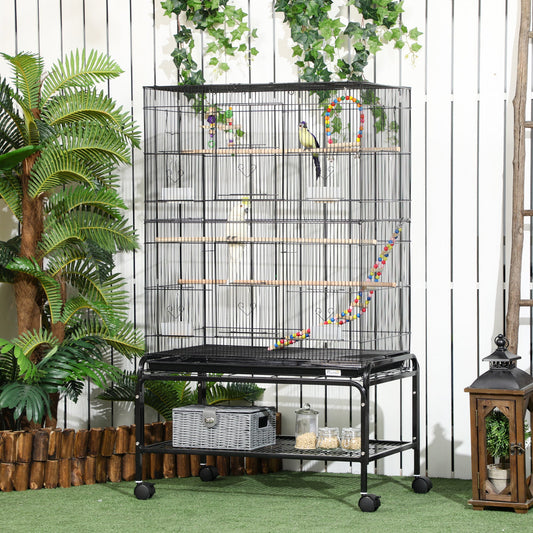 PawHut Duża klatka dla ptaków Budgie Cage ze stojakiem, zabawkami, kółkami, akcesoriami, półką do przechowywania dla kanarków, zięb, papug nierozłączek, papug - czarna, 79 x 49 x 133 cm