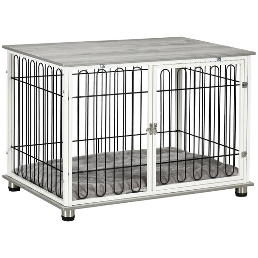 PawHut Indoor Dog Crate Furniture, stolik boczny, z miękką, zmywalną poduszką, zamykane drzwi, dla małych i średnich psów