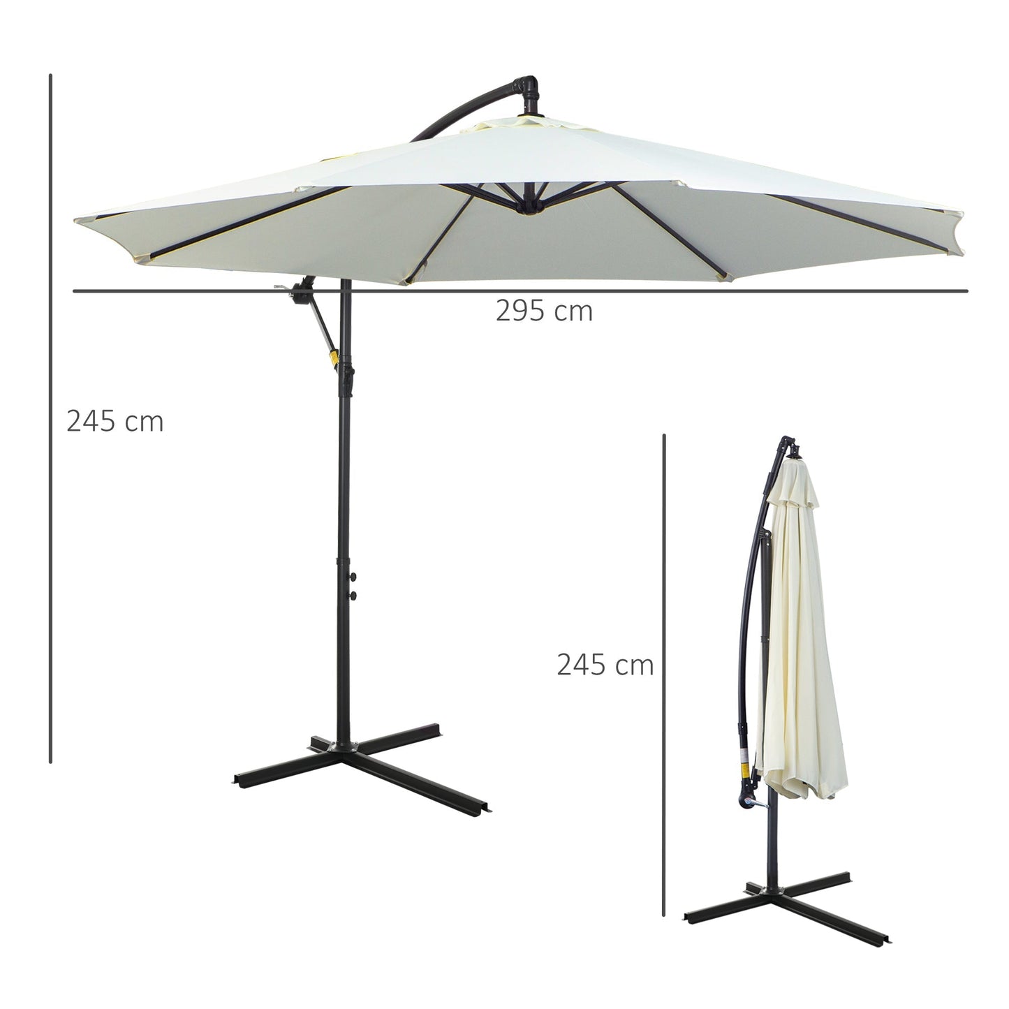 Outsunny 3(m) Garden Banana Parasol Hanging Cantilever Umbrella with Crank Handle, 8 Ribs and Cross Base for Outdoor, Sun Shade, Cream White