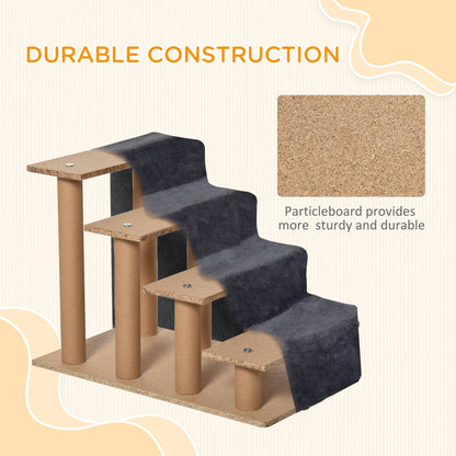 PawHut Four-Step Dog Stairs, with Washable Plush Cover, for High Bed Sofa, Dog Stairs for Small Dog and Cat - Dark Grey