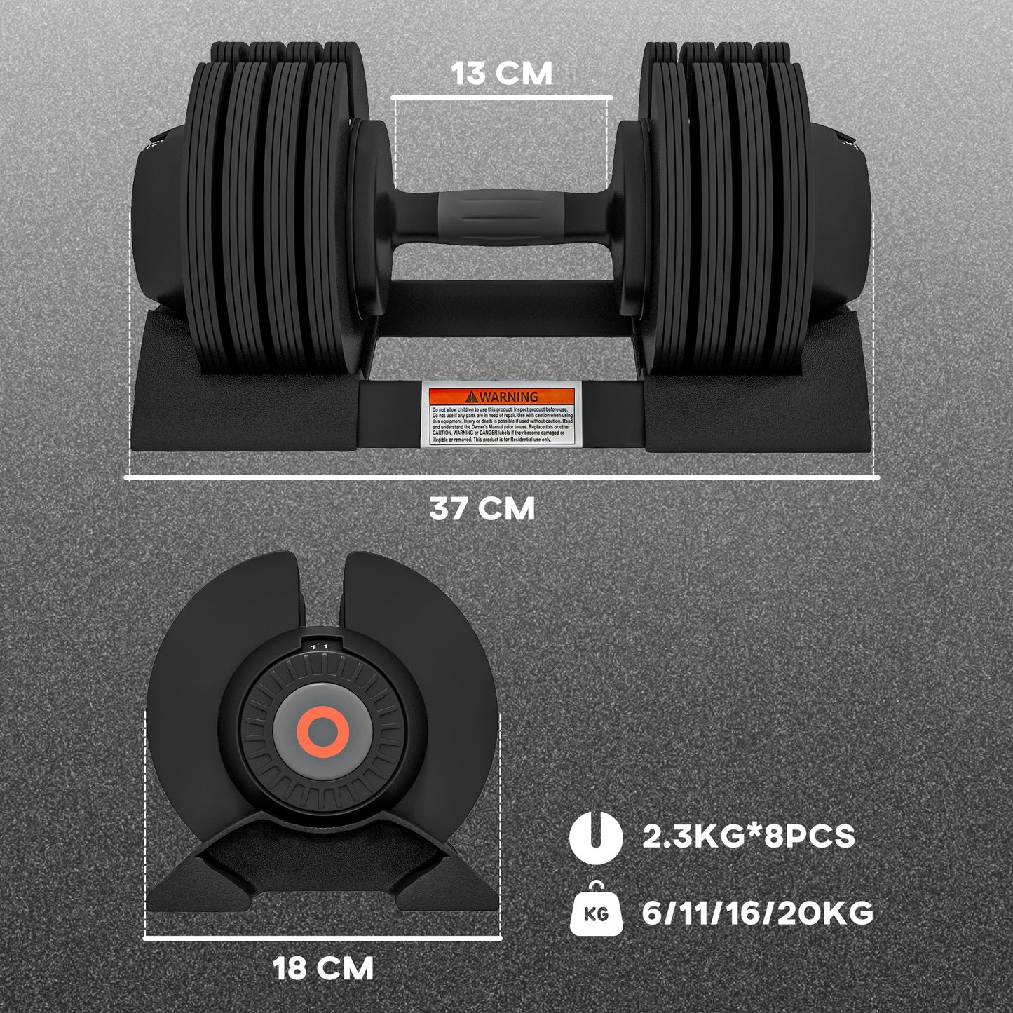 SPORTNOW Adjustable Dumbbells Set, 4-in-1 Weights Set with Storage Tray and Non-Slip Handle, 6KG 11KG 16KG 20KG