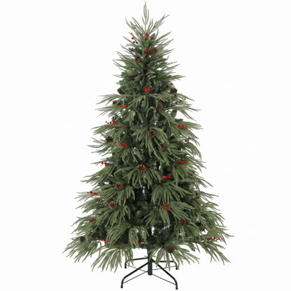 HOMCOM 6ft Artificial Christmas Tree with Pinecones, Red Berries, Hinged Predecorated Xmas Tree with 2843 Branch Tips