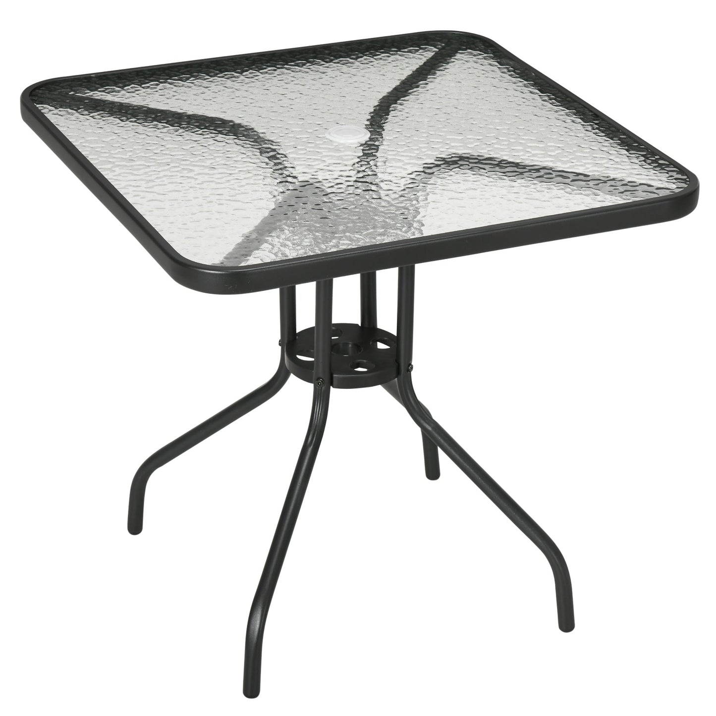 Stół ogrodowy Outsunny Square z blatem ze szkła hartowanego i otworem na parasol, 76 x 76 cm