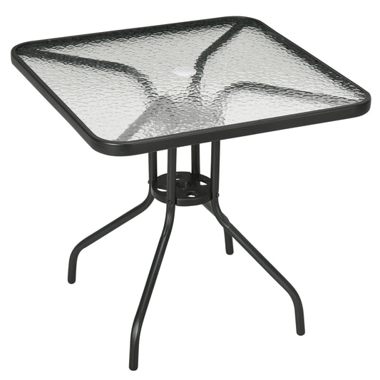 Stół ogrodowy Outsunny Square z blatem ze szkła hartowanego i otworem na parasol, 76 x 76 cm
