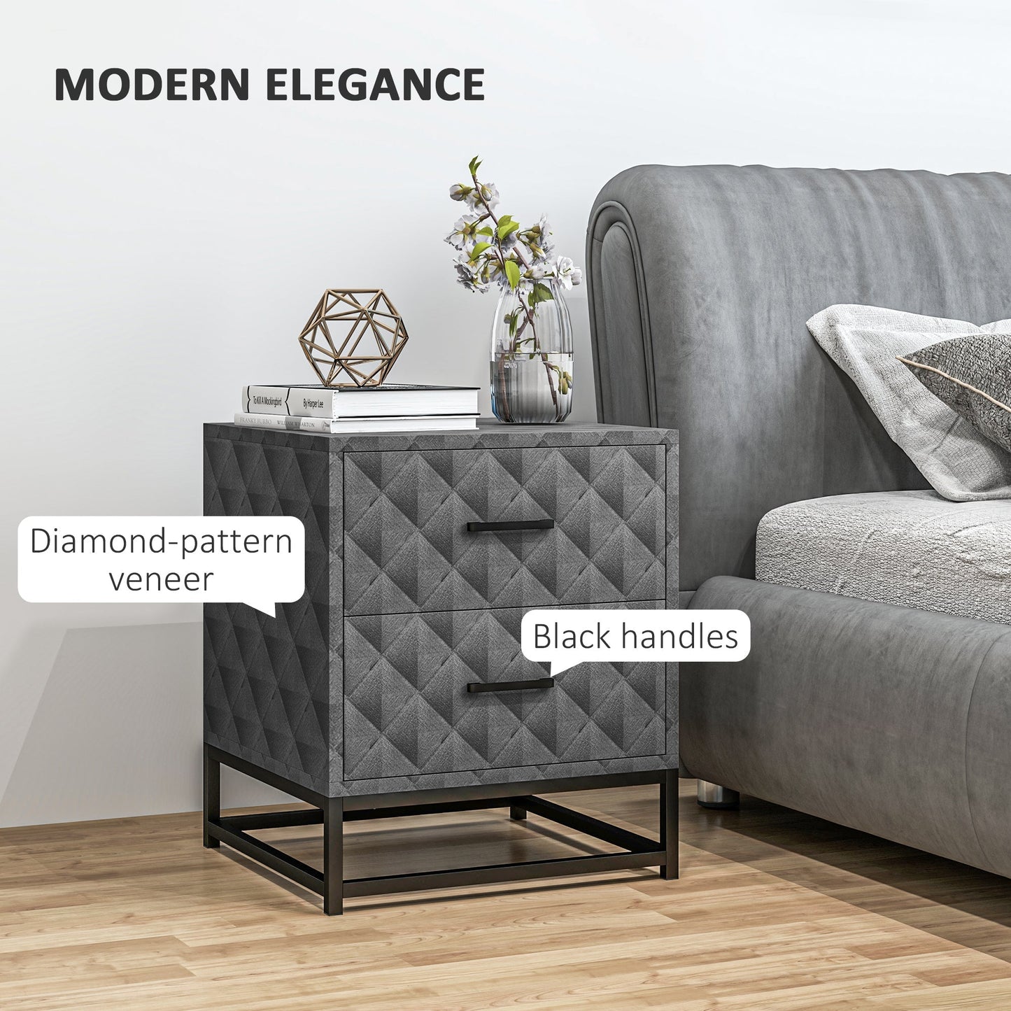 HOMCOM Bedside Tables Set of 2, Modern Bedside Table Nightstand with 2 Drawers, Bedside Cabinet Sofa Side Table with Storage, Steel Legs for Bedroom, Living Room, Grey