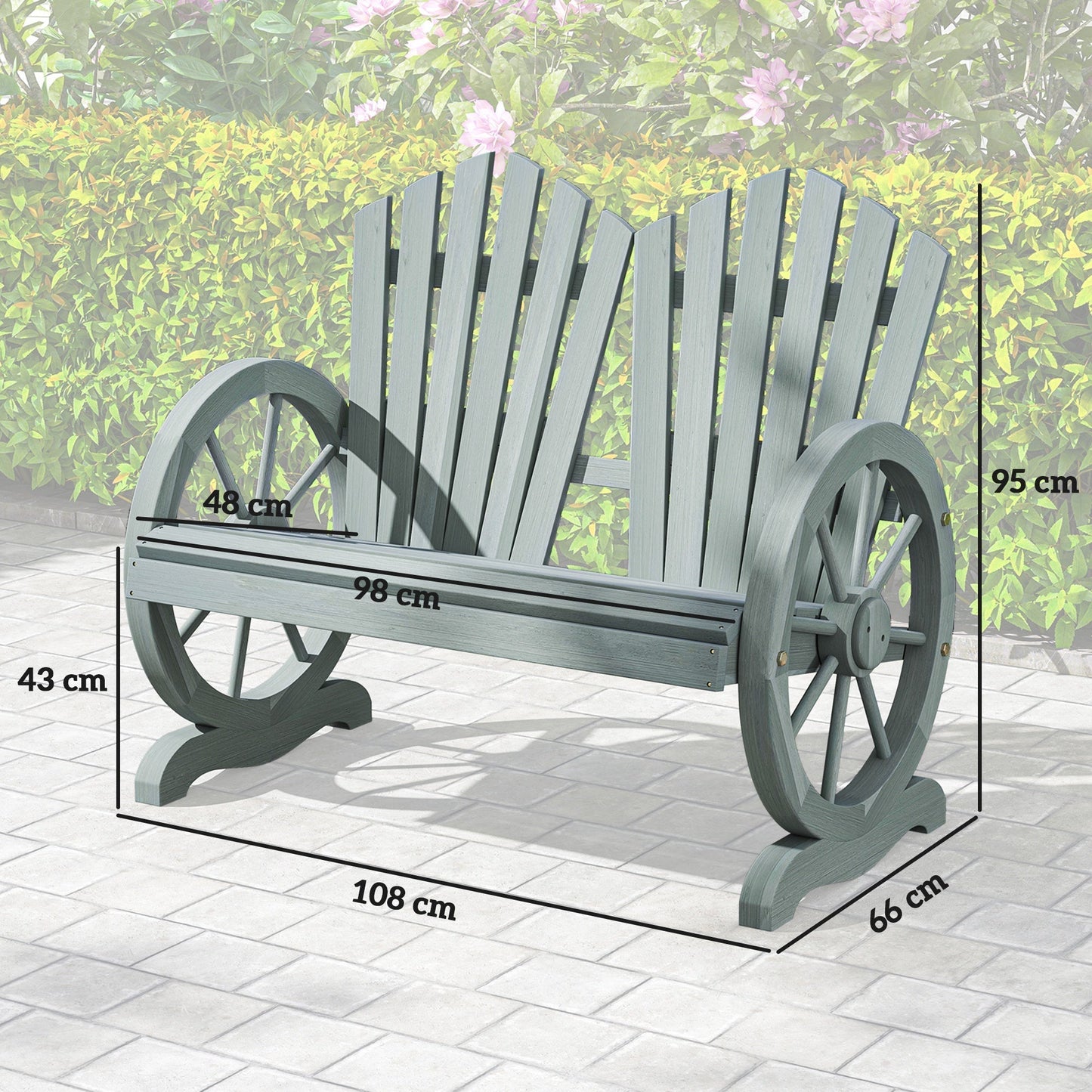 Outsunny Fir Wood Love Seats with Wheel-Shaped Armrests, Large Load-Bearing Chair, Grey