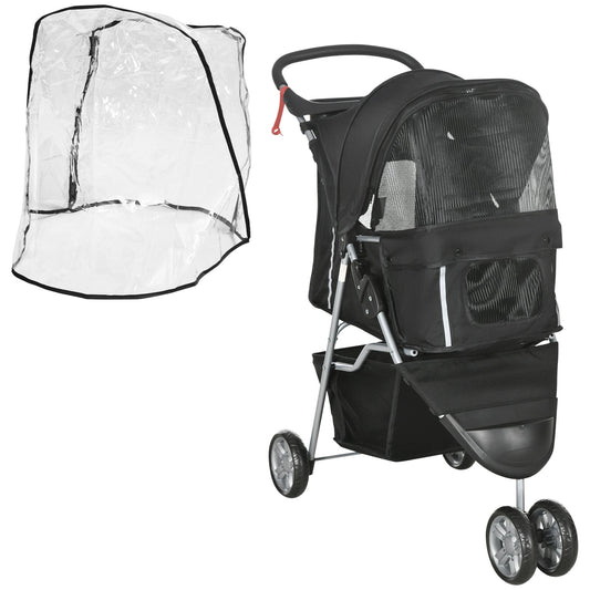 Wózek podróżny PawHut Pet Travel Stroller z pokrowcem przeciwdeszczowym, 3 koła, składany wózek dla kota i psa z koszem do przechowywania i uchwytem na kubek dla małych miniaturowych psów (czarny)