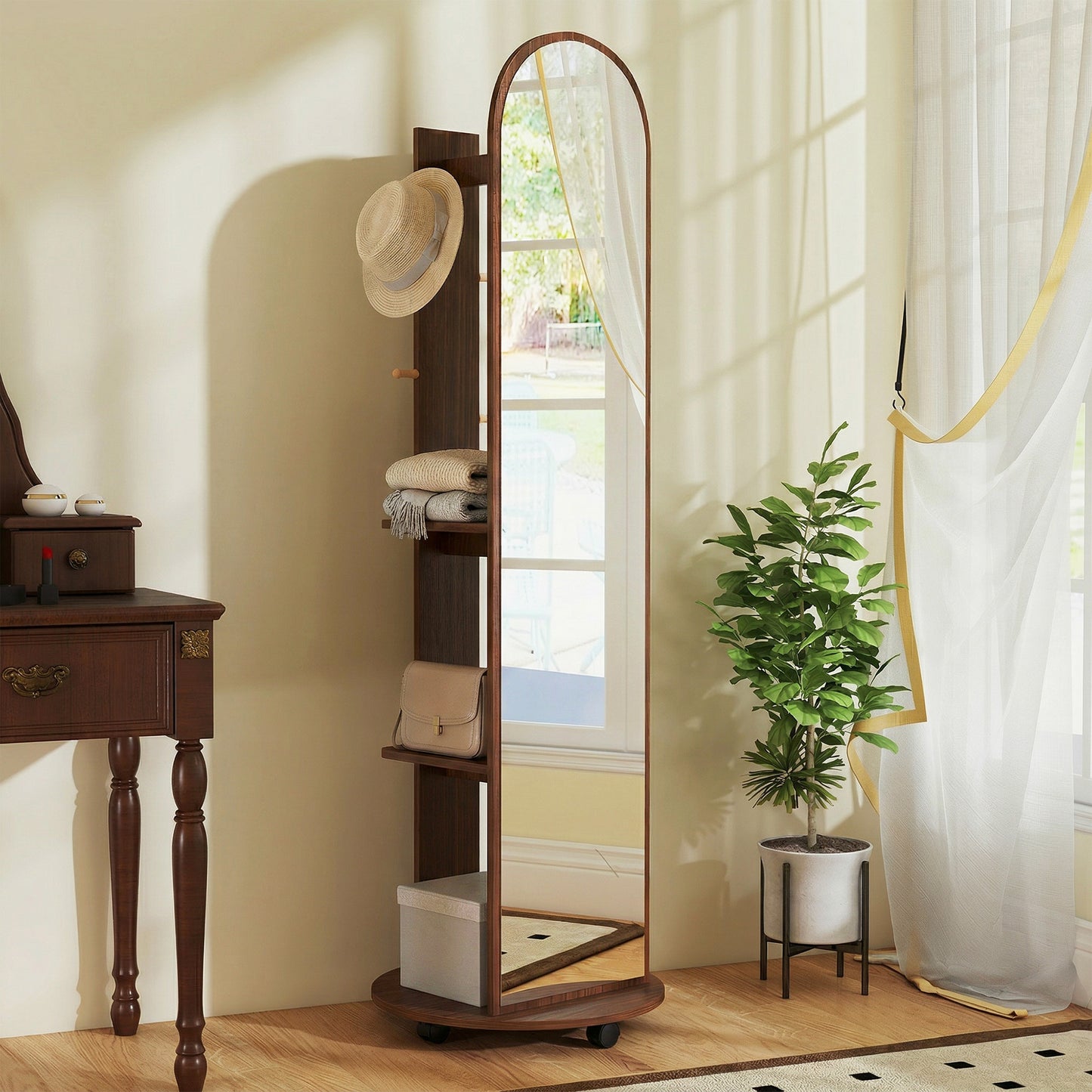 HOMCOM 2-in-1 Full Length Mirror with Storage Shelves, Floor Mirror with 4 Wheels, Coat Rack, Hooks, Brown Wood Effect