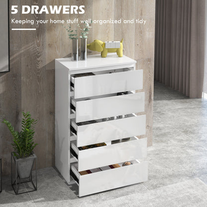 HOMCOM 5-Drawer Modern Dresser, High Gloss Storage Drawer Unit for Bedroom, White