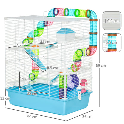 PawHut Hamster Cage w/ Water Bottle, Exercise Wheel, Tubes, Ramps - Light Blue