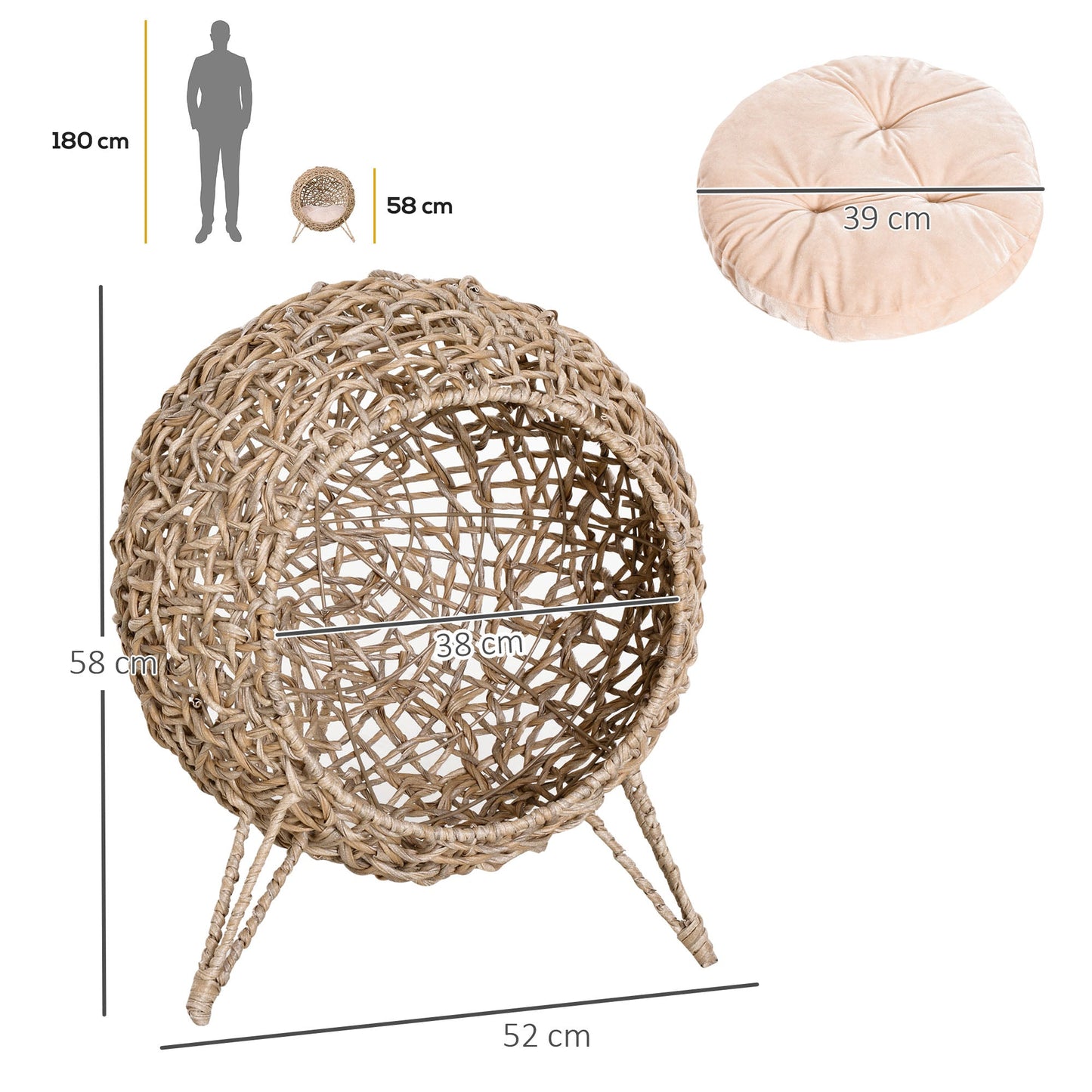 PawHut Wicker Cat Bed, Ball-Shaped Rattan Elevated Cat Basket with Three Tripod Legs, Cushion, Natural Wood Finish