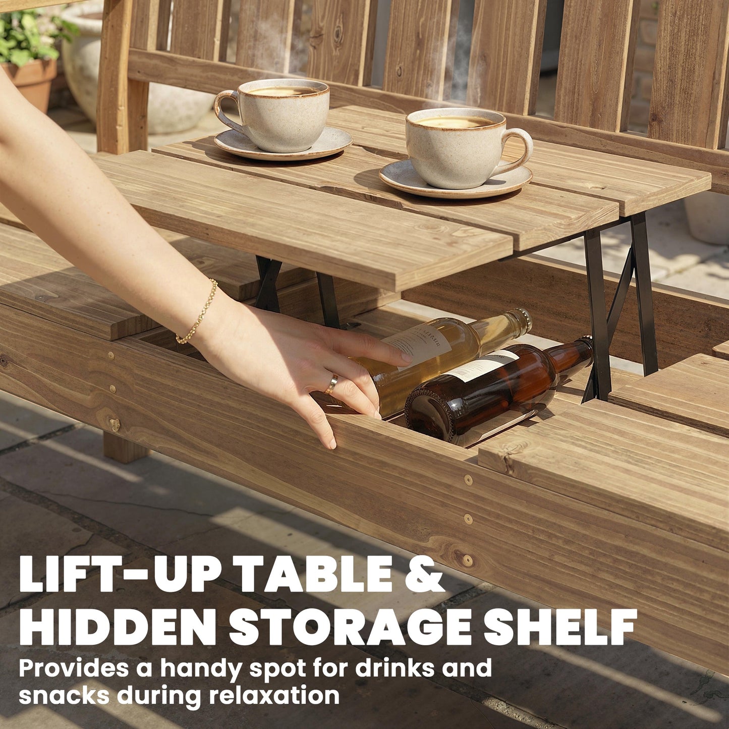 Outsunny Wooden Garden Bench with Liftable Table & Shelf, 2-3-Seater Outdoor Loveseat with Fir Wood Frame, Teak