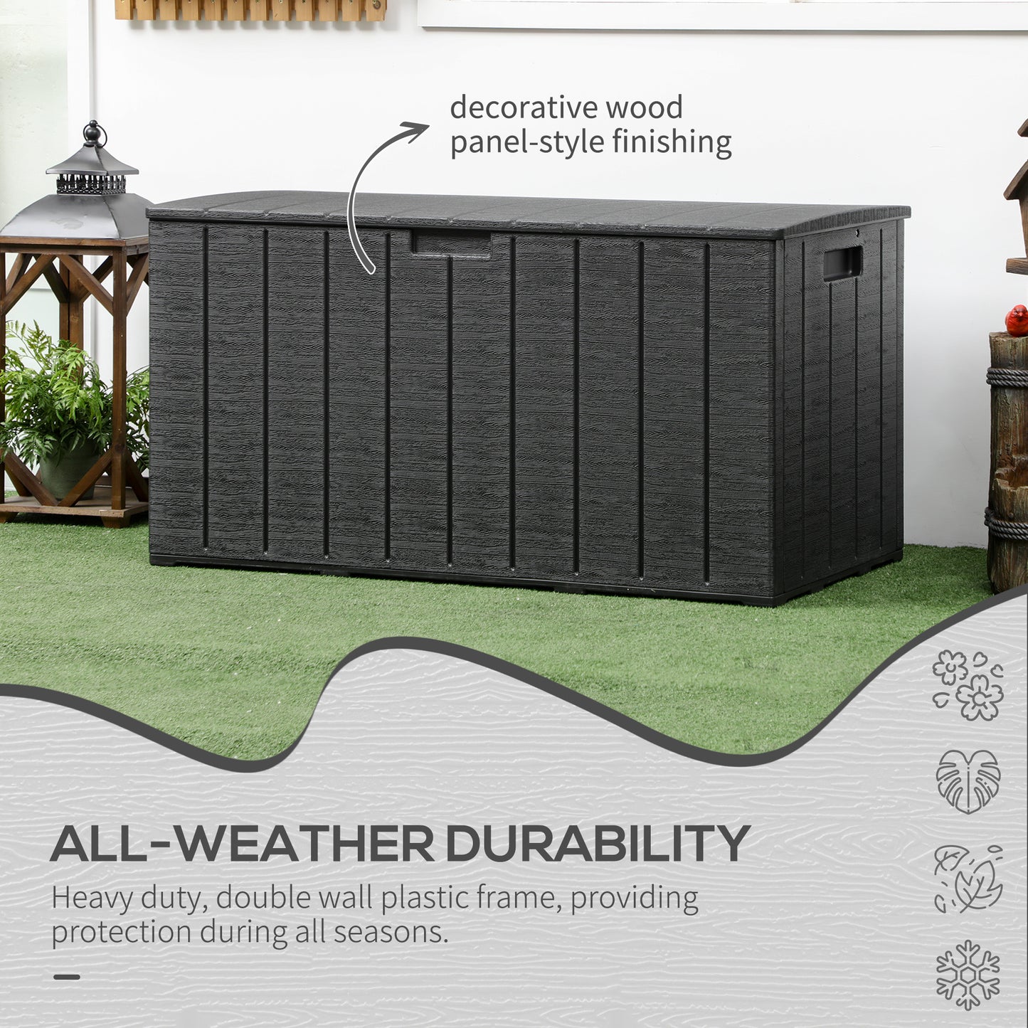 Outsunny 336 litrów Extra Large Outdoor Garden Storage Box, wodoodporny, wytrzymały, plastikowy pojemnik z podwójnymi ściankami, organizer na meble ogrodowe, skrzynia na poduszki na taras z kółkami i uchwytami, czarny
