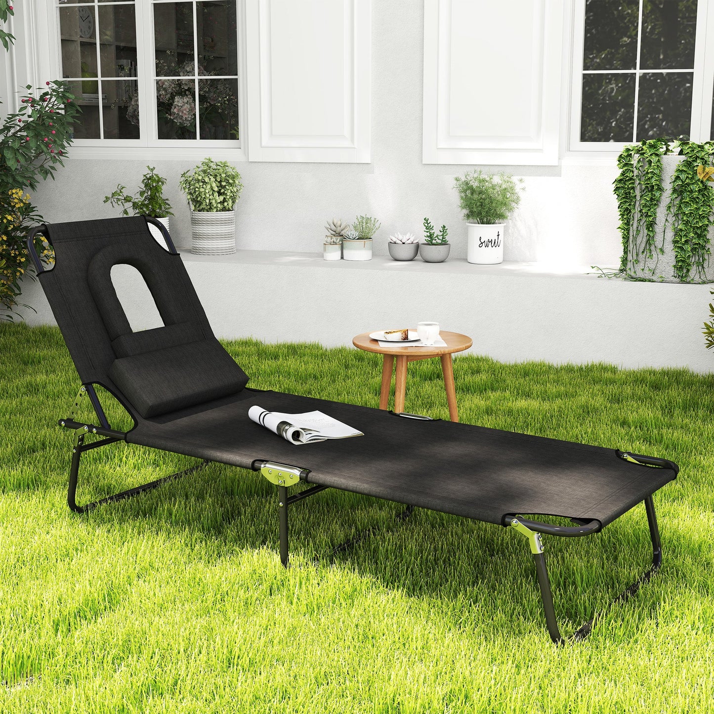 Outsunny Outdoor Folding Sun Lounger with Face Hole, 4 Level Adjustable Backrest Reclining Garden Lounger, Garden Recliner Sunbed with 600 D Oxford Cloth Seat and Pillow for Beach, Black